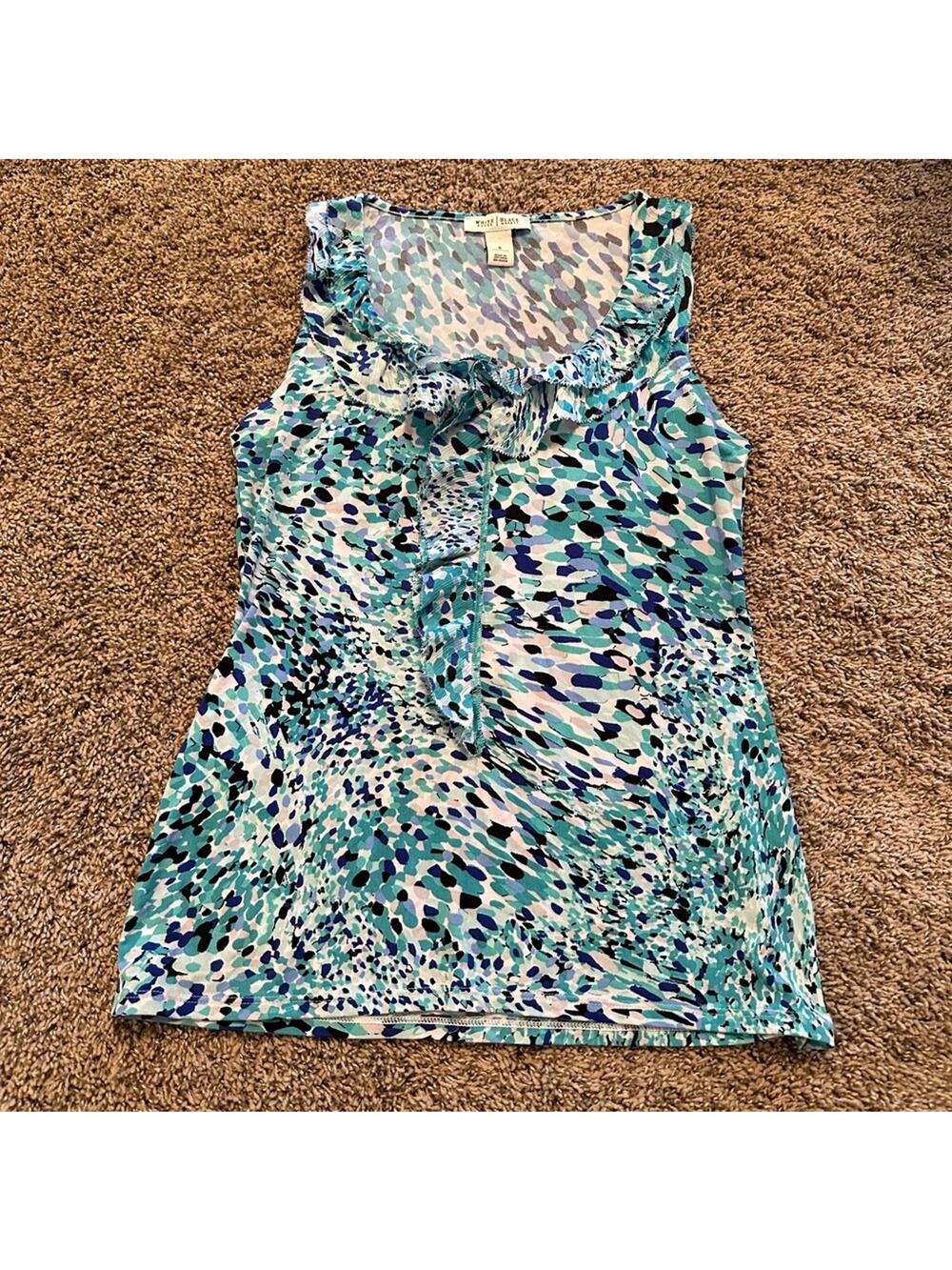 White House Black Market Blue Green Ruffle Front Fitted Tank Top